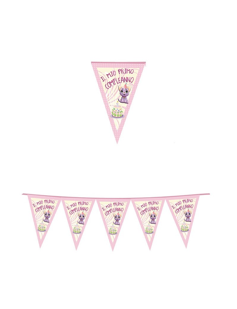 Festone Bandierina Gattina 1 Compleanno Rosa
