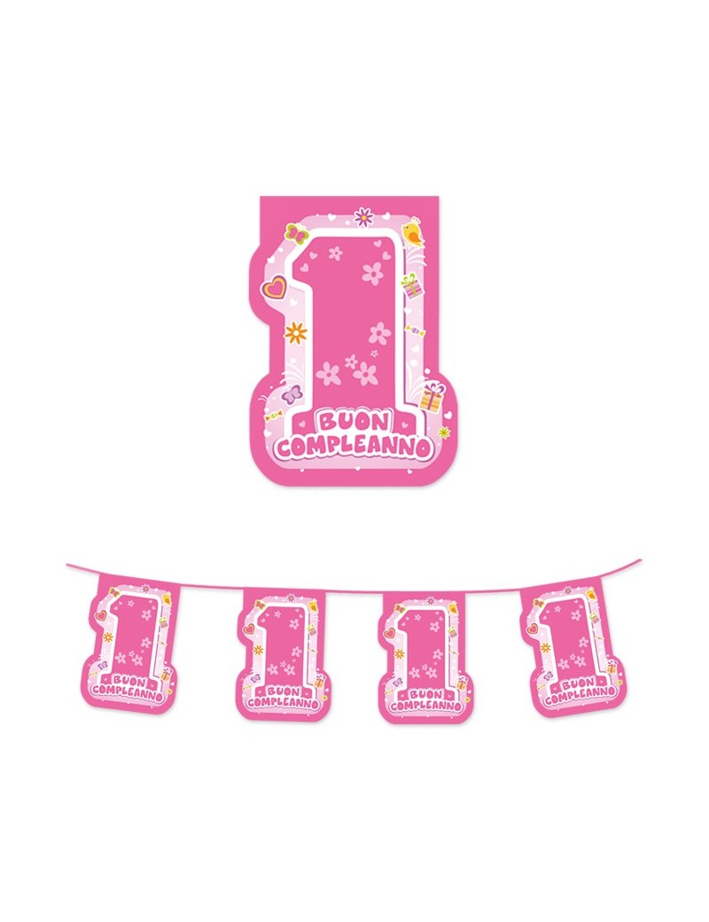 Festone Bandierine in Plastica 1° Compleanno Rosa